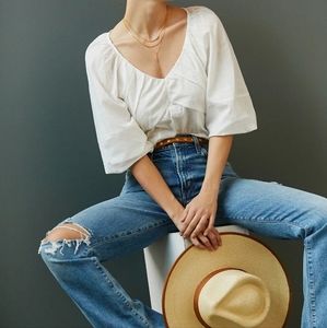 New ANTHROPOLOGIE V-Neck Ruched Knit Top Size Medium Lagenlook